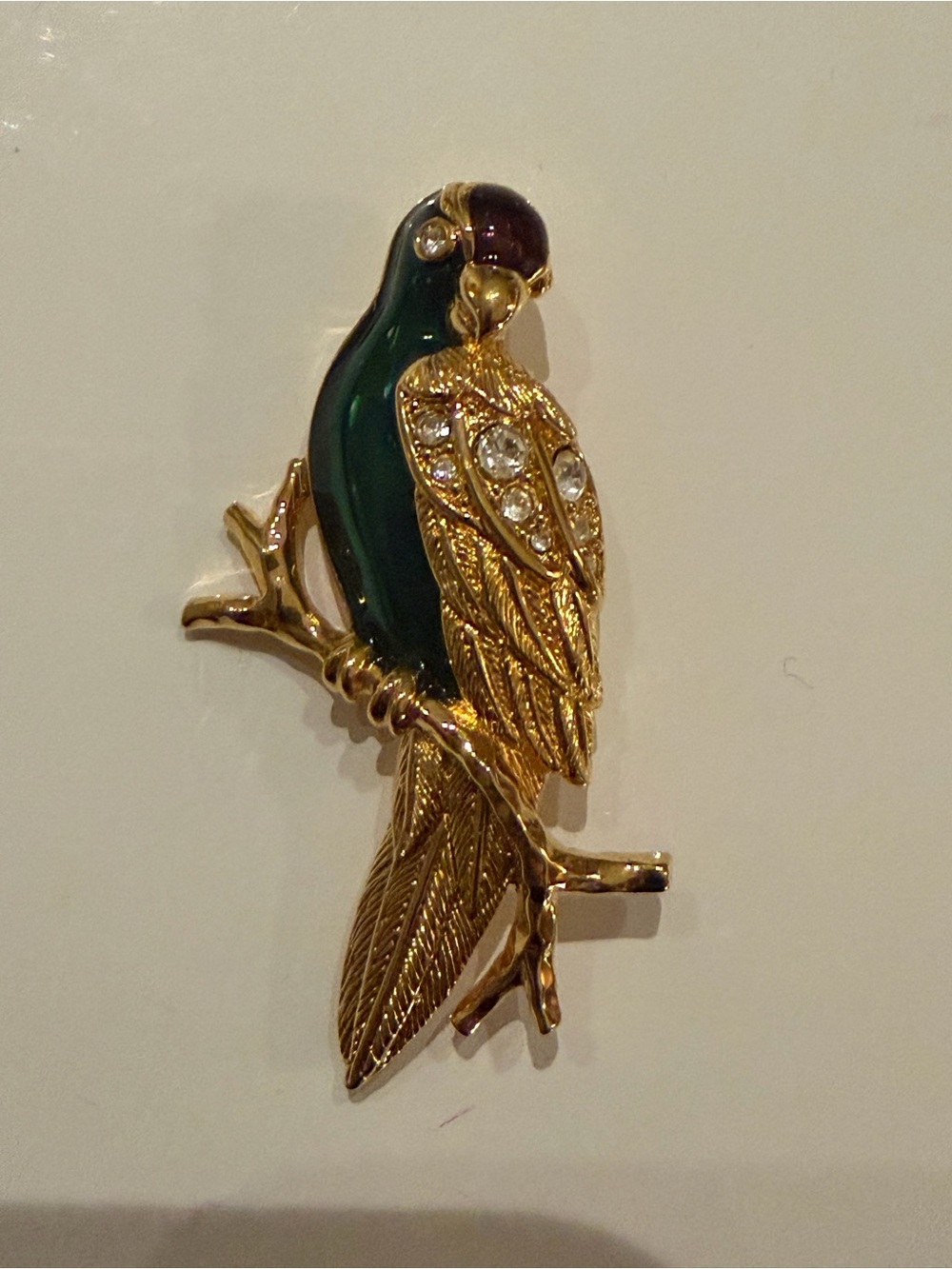 Vintage Avon Gold Green Parrot Brooch Pin with Rhinestones